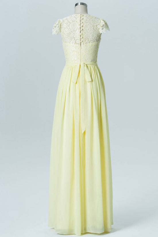 Yellow Cap Sleeves Lace Long Bridesmaid Dress with Button