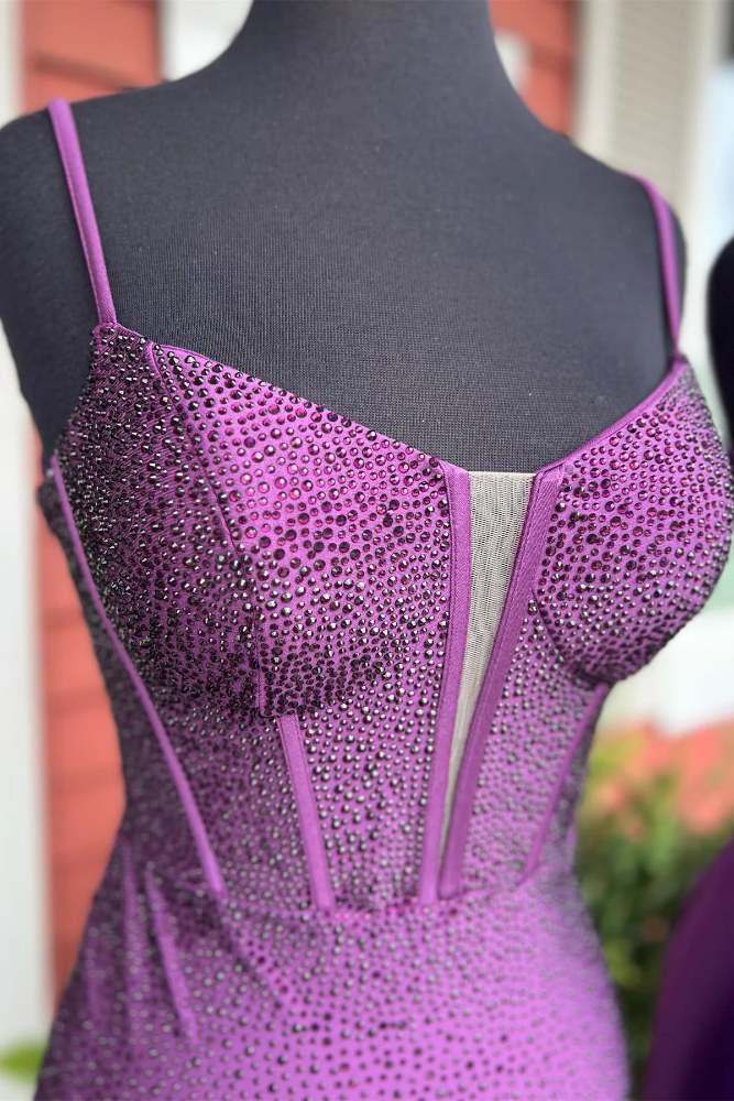 Purple Spaghetti Straps Beaded Bodycon Homecoming Dress