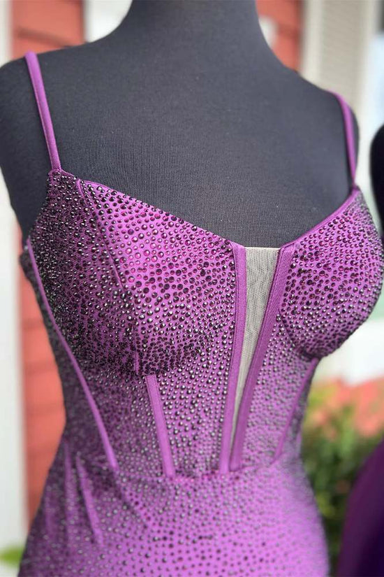 Purple Spaghetti Straps Beaded Bodycon Homecoming Dress