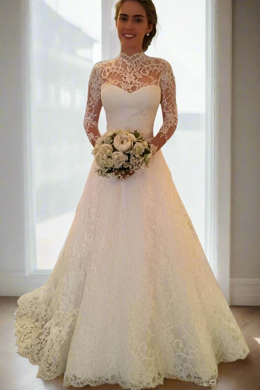 Illusion Neck Ivory Lace Bridal Dress with Backless