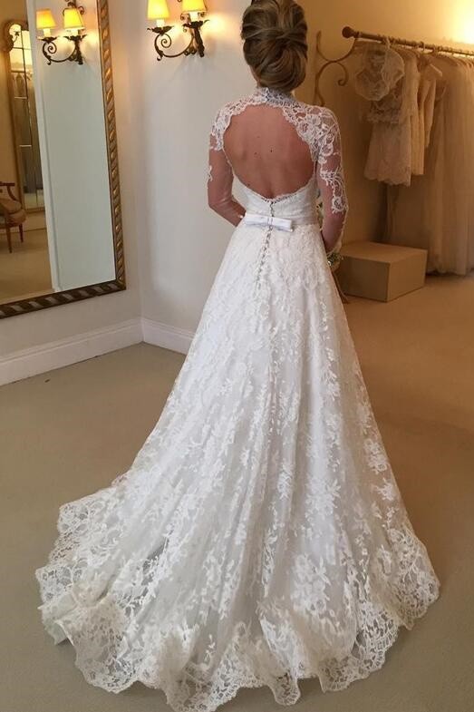 Illusion Neck Ivory Lace Bridal Dress with Backless