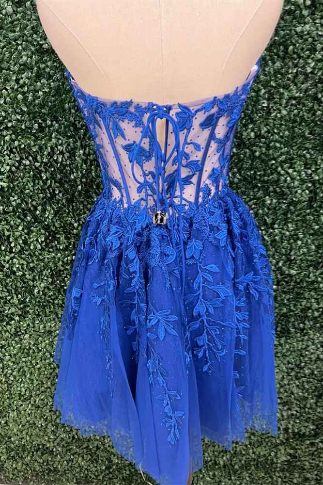 Blue Strapless Applique A-line Tulle Short Homecoming Dress