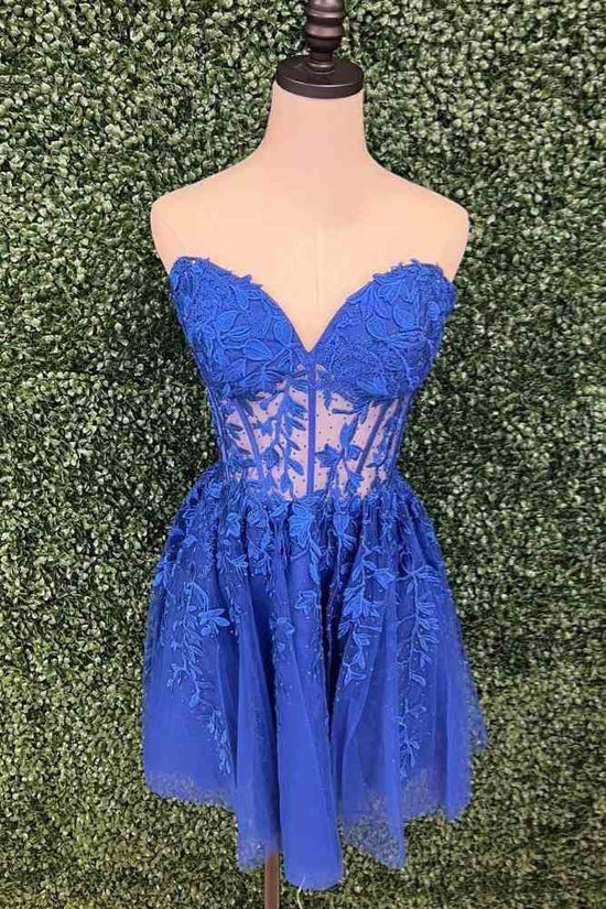 Blue Strapless Applique A-line Tulle Short Homecoming Dress