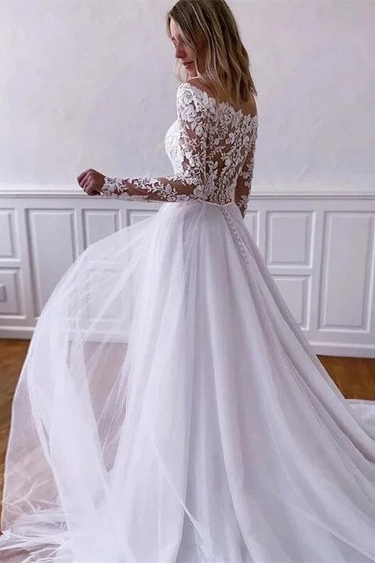 Off the Shoulder White Applique Tulle Wedding Dress