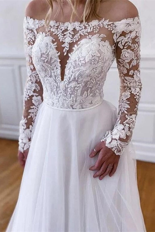 Off the Shoulder White Applique Tulle Wedding Dress