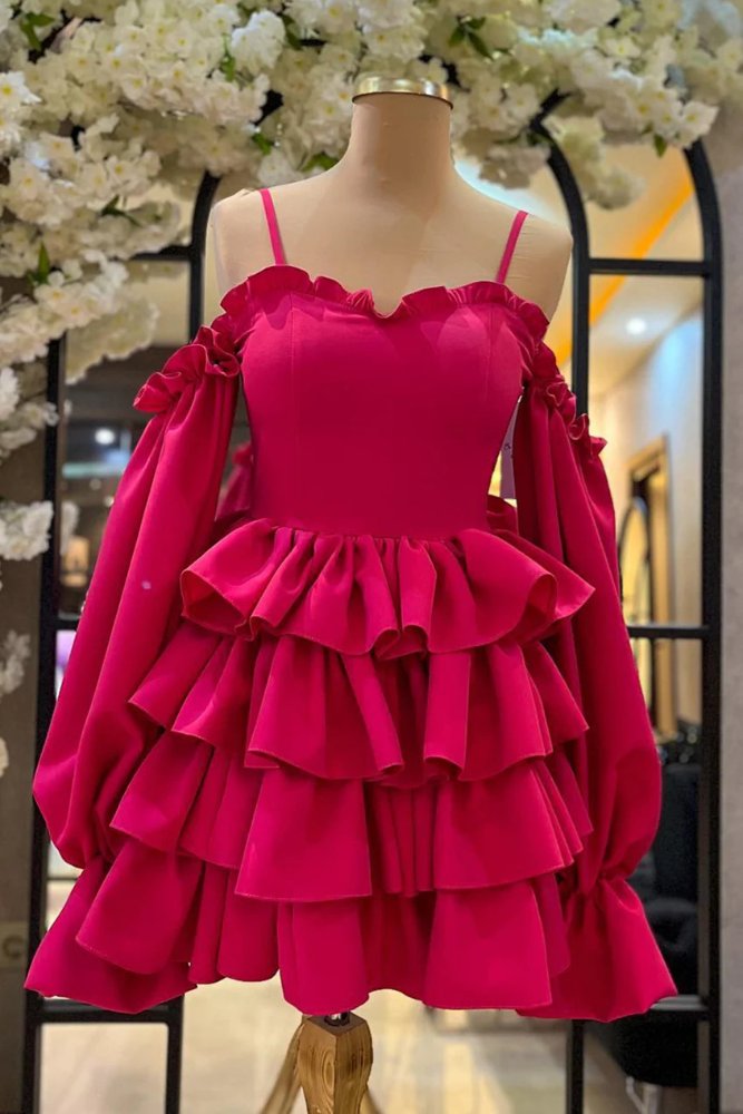 chinese dress ladies Hot Pink A-line Multi-Layer Homecoming Dress with Long Sleeve – Movousdress