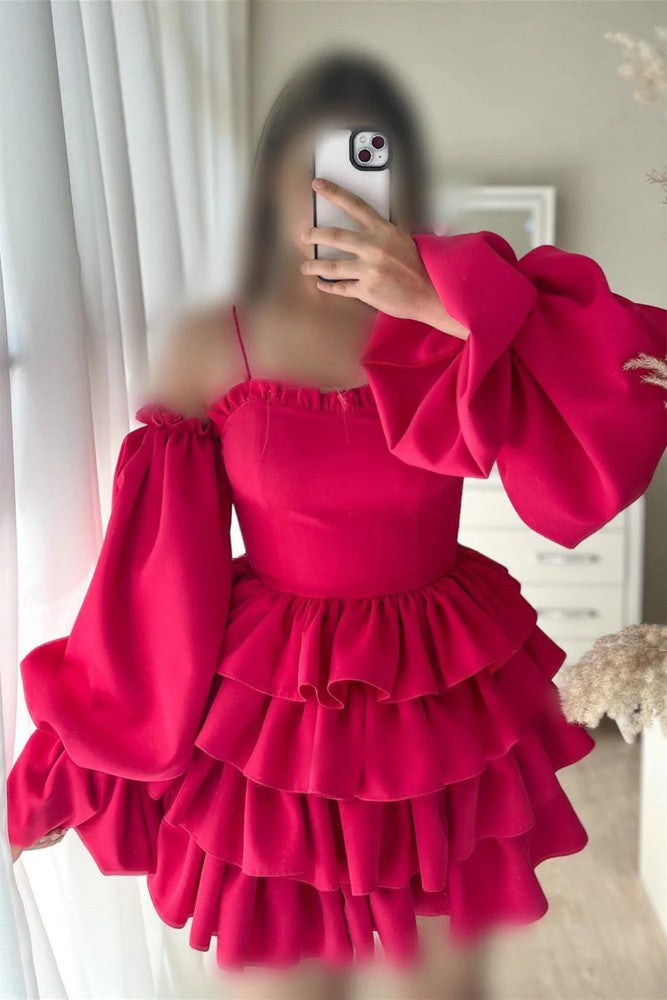 Hot Pink A-line Multi-Layer Homecoming Dress with Long Sleeve