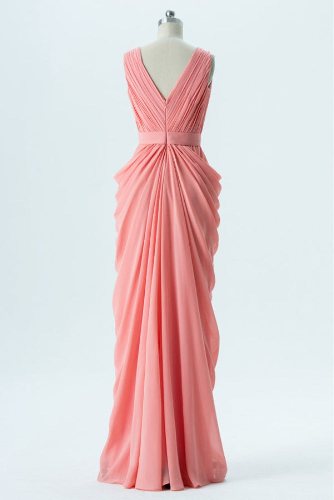 Coral V-Neck Ruched Chiffon Long Bridesmaid Dress