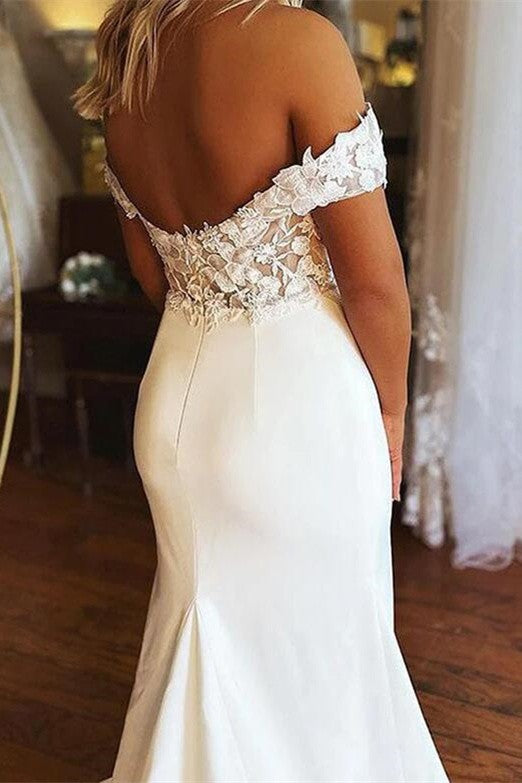 Off the Shoulder Ivory Applique Satin Mermaid Bridal Dress