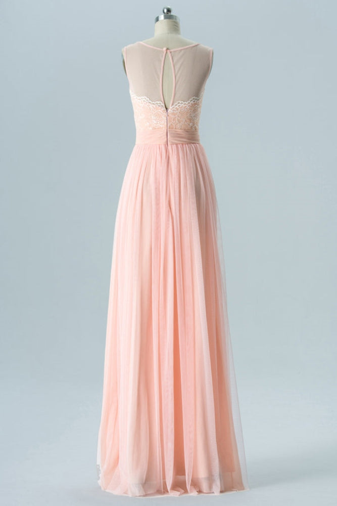 Peach Crew Neck Lace Long Bridesmaid Dress