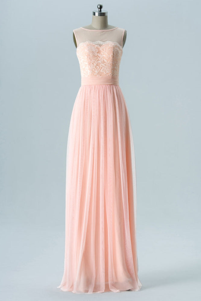 Peach Crew Neck Lace Long Bridesmaid Dress