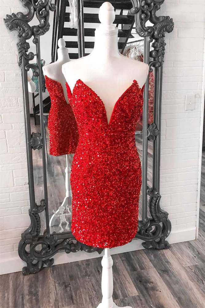 Red Strapless V-Neck Sequin Tight Homecoming Dress