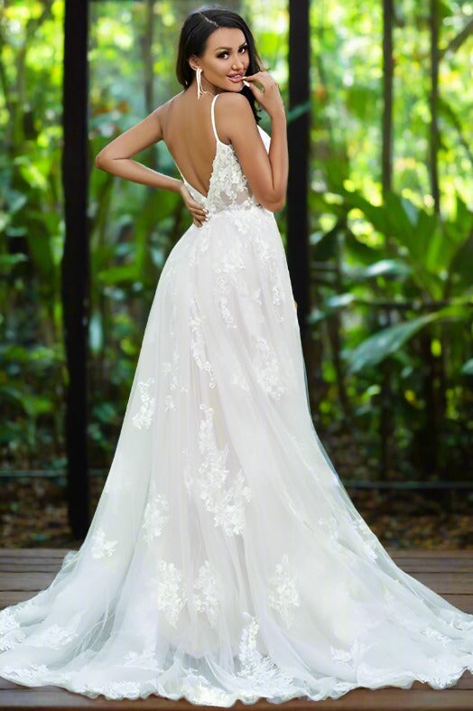 Straps Ivory V-Neck Applique Long Wedding Dress