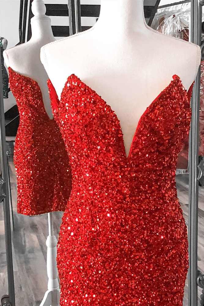 Red Strapless V-Neck Sequin Tight Homecoming Dress