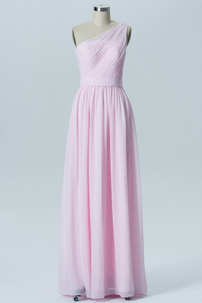 Pink One Shoulder A-Line Chiffon Bridesmaid Dress