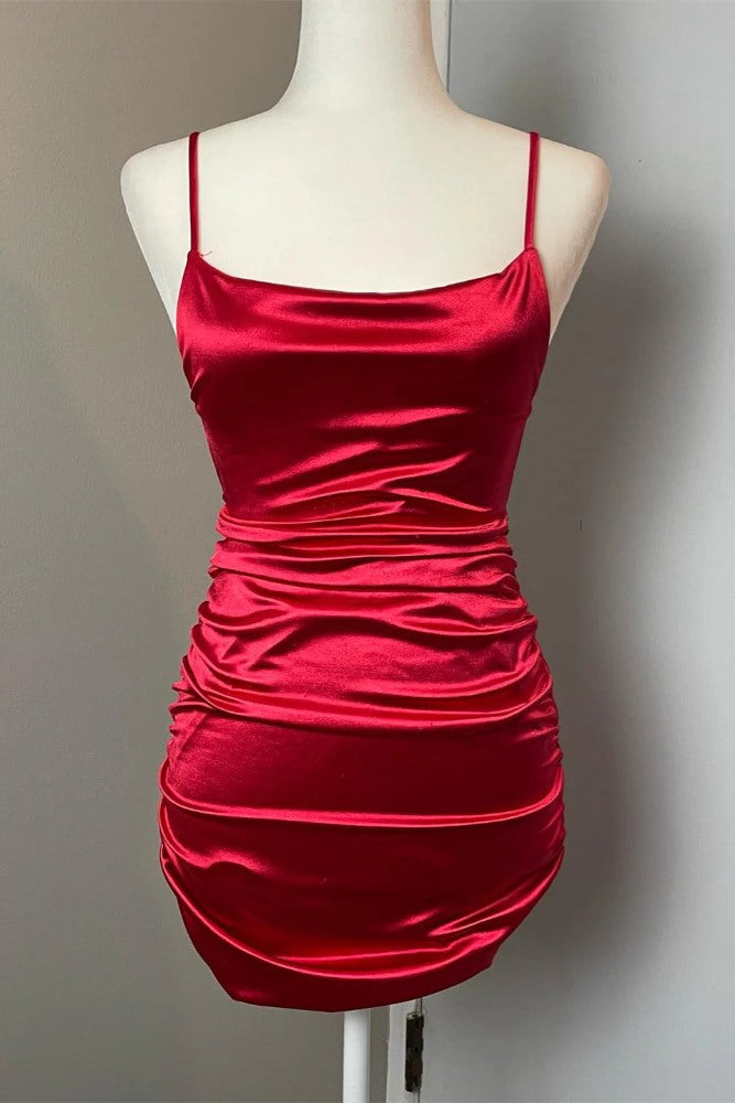 Red Straps Satin Pleated Tight Homecoming Dress