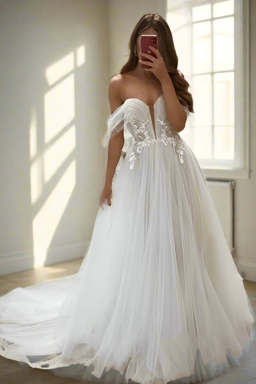 Ivory Off the Shoulder Tulle Long Bridal Dress