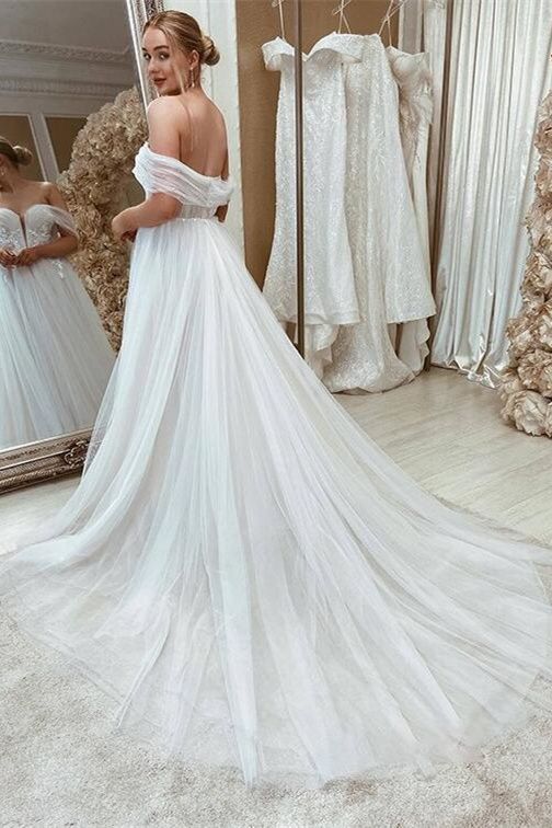 Ivory Off the Shoulder Tulle Long Bridal Dress