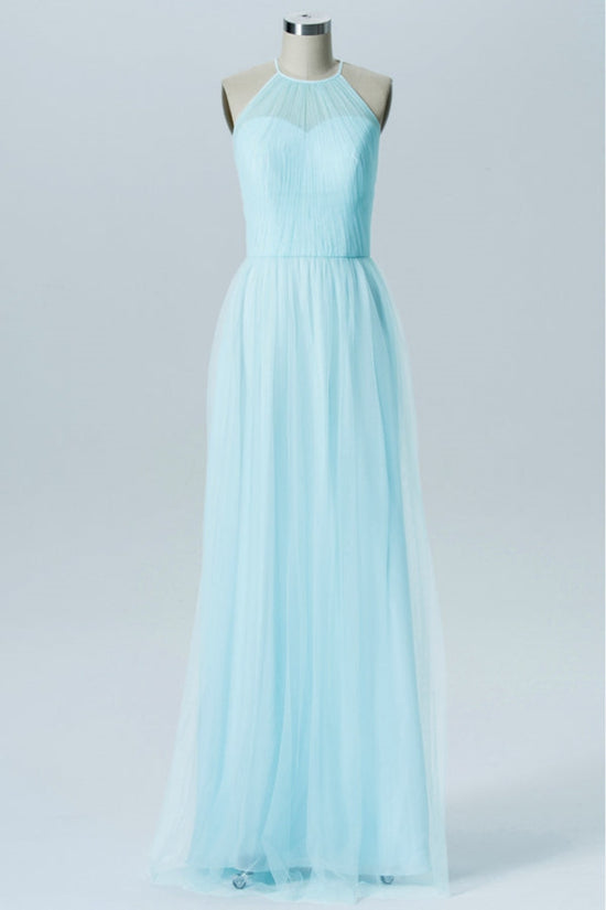 Light Blue Halter Tulle A-Line Bridesmaid Dress