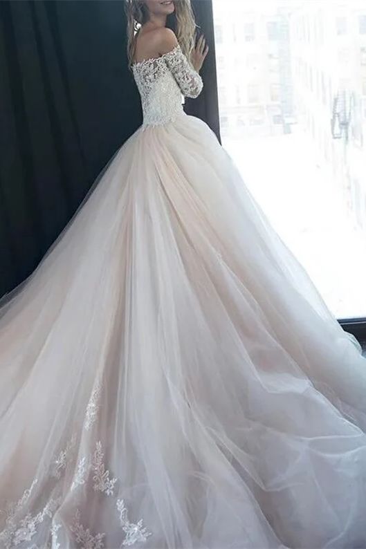 Off the Shoulder Champagne Tulle Ball Gown