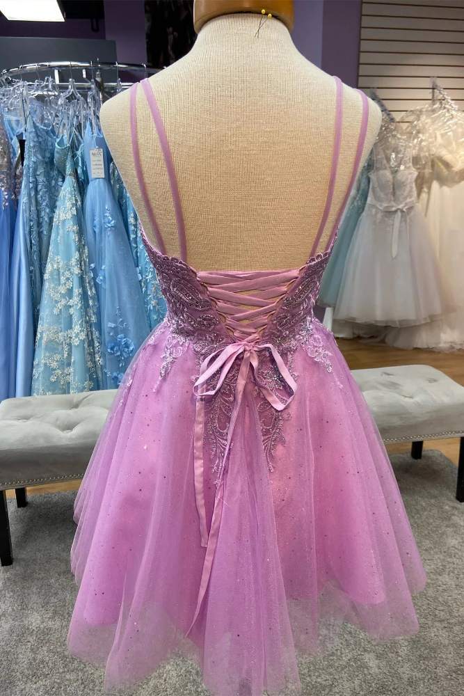 Lavender Straps Applique A-line Tulle Short Homecoming Dress