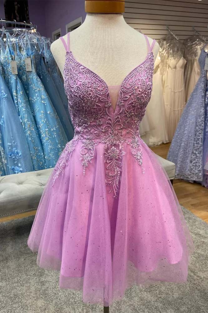 Lavender Straps Applique A-line Tulle Short Homecoming Dress