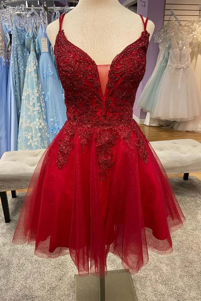 Red Straps Applique A-line Tulle Short Homecoming Dress