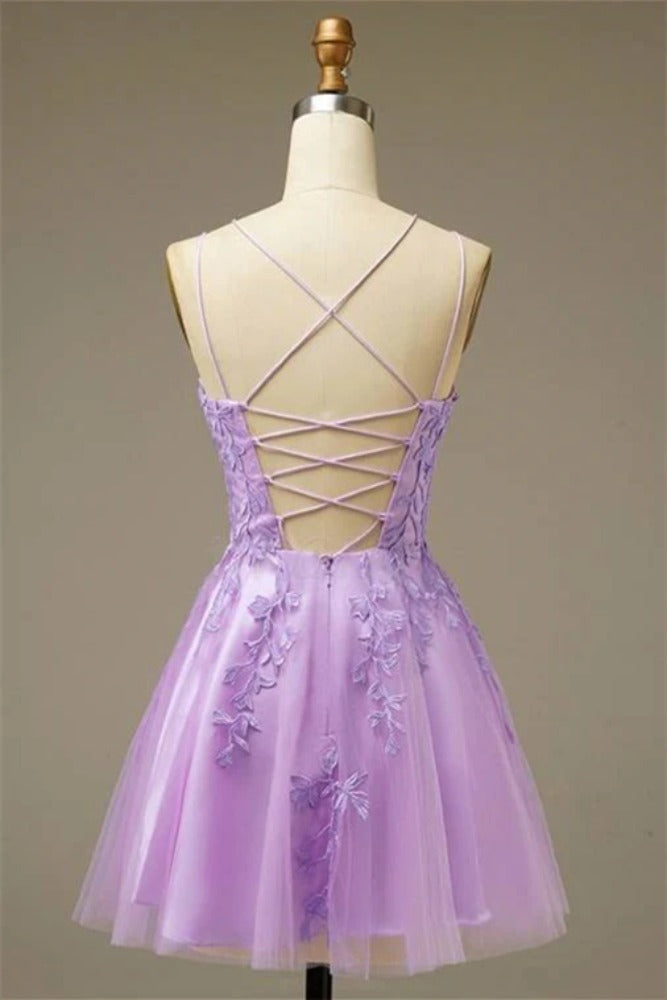 Lavender Straps Applique Homecoming Dress with Lace-up