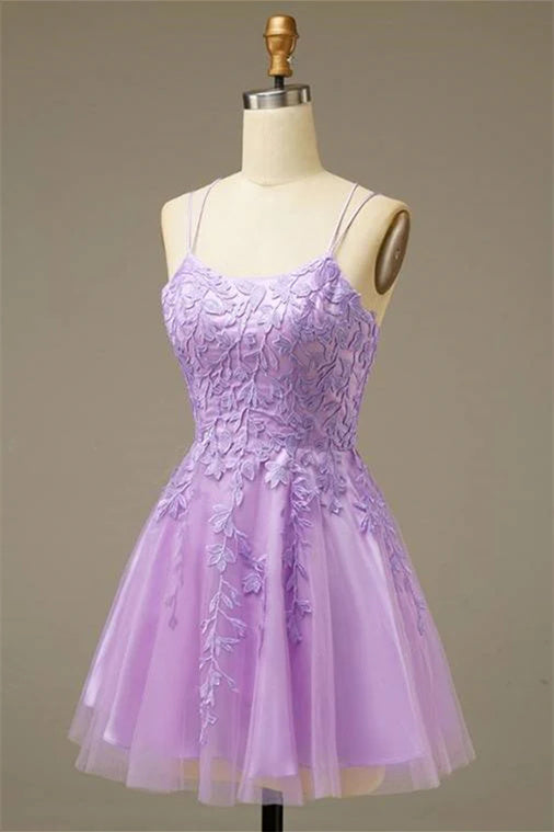 Lavender Straps Applique Homecoming Dress with Lace-up