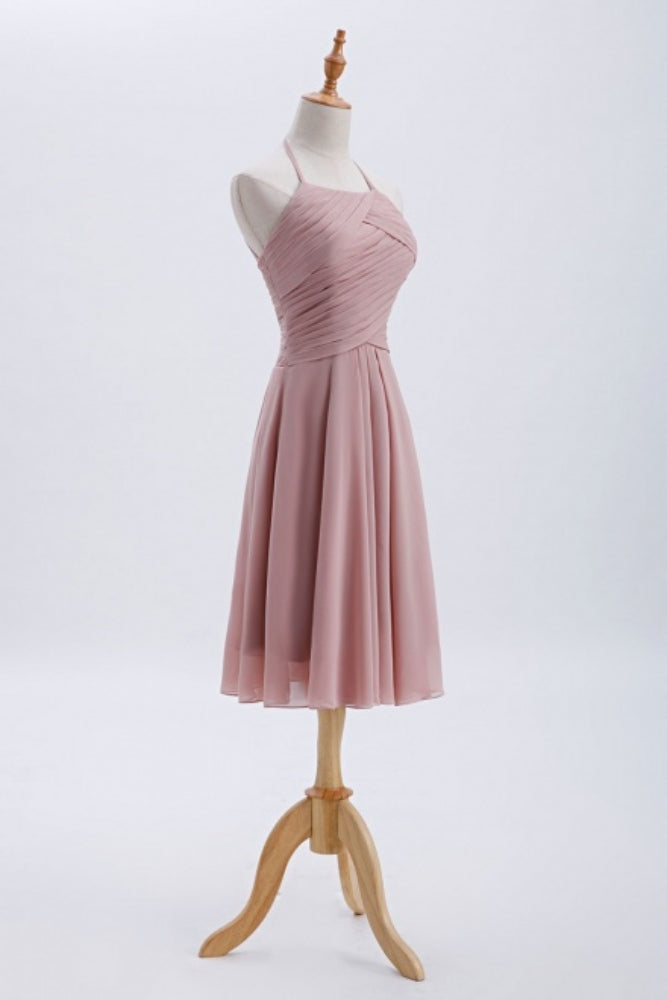 Blush Pink Halter Pleated A-line Short Bridesmaid Dress