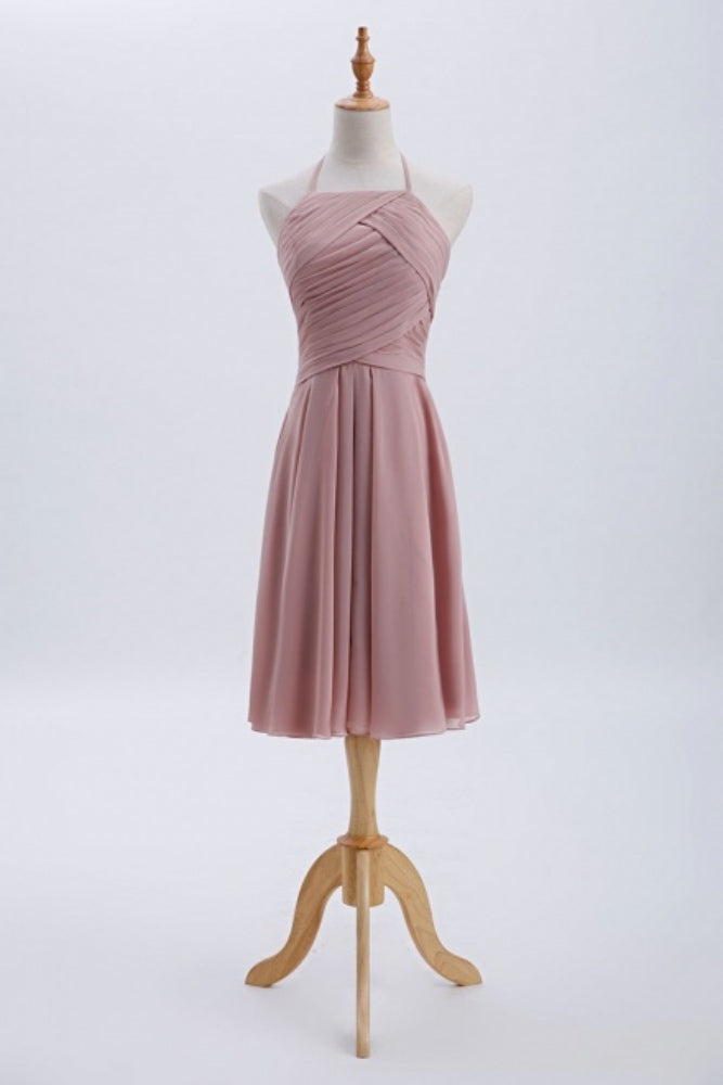 Blush Pink Halter Pleated A-line Short Bridesmaid Dress