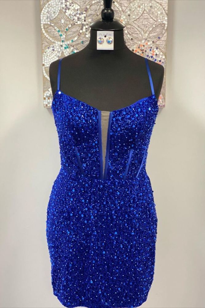 Royal Blue Spaghetti Straps Tight Short Homecoming Dress