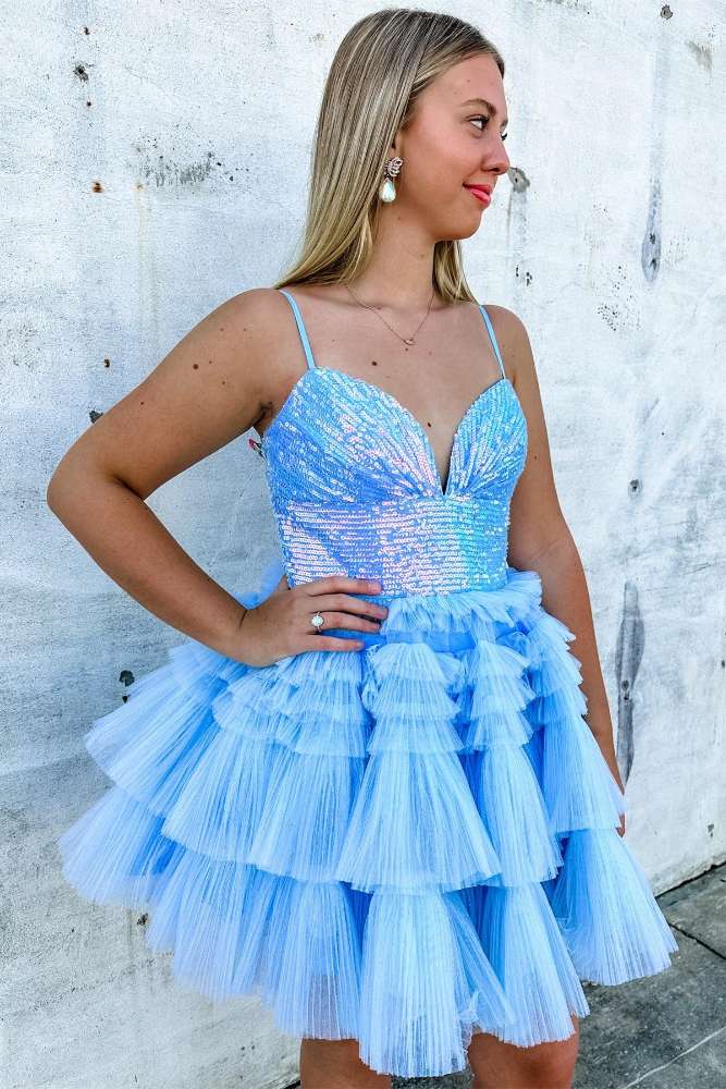 Sky Blue Straps Sequins Multi-Layers Tulle Homecoming Dress