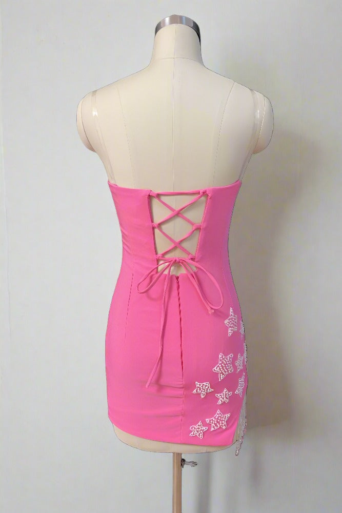 Hot Pink Strapless Tight Homecoming Dress with Tassel