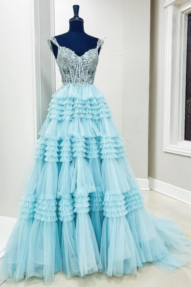 Aqua Blue Straps Applique Layered A-Line Prom Dress