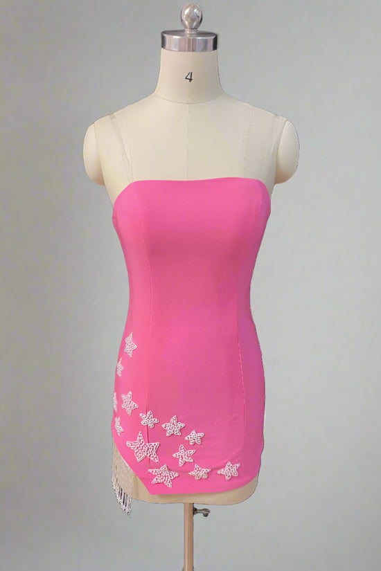 Hot Pink Strapless Tight Homecoming Dress with Tassel