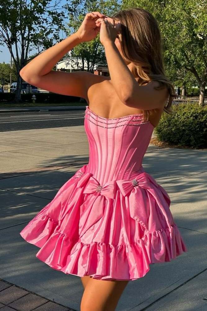 Pink Strapless A-Line Homecoming Dress with Bow