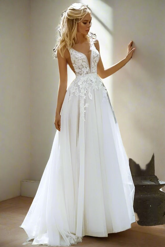 Plunging Neck Ivory A-Line Long Wedding Dress