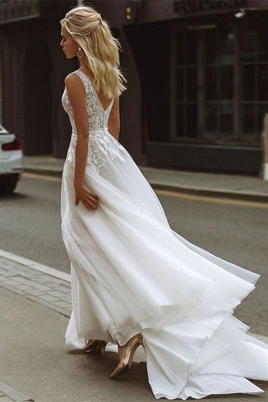 Plunging Neck Ivory A-Line Long Wedding Dress