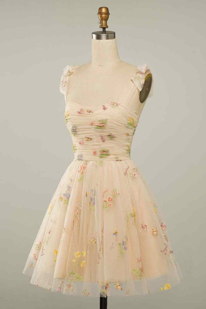 Bow Tie Straps Champagne A-line Pleated Homecoming Dress