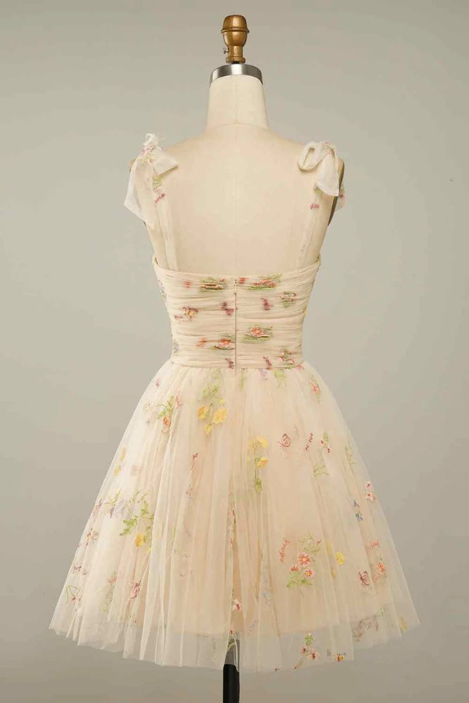 Bow Tie Straps Champagne A-line Pleated Homecoming Dress