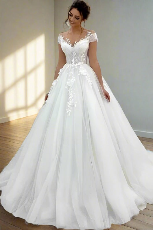 White Off the Shoulder Applique A-Line Ball Gown