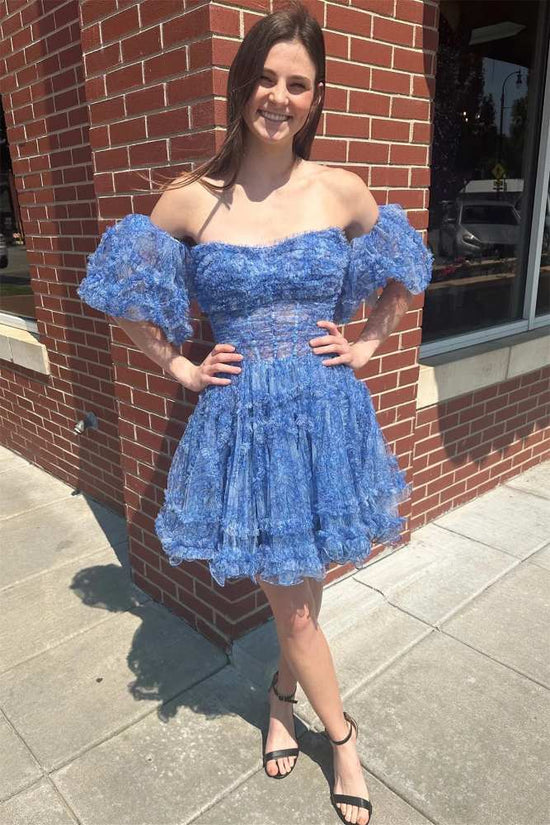 Strapless Blue Floral Print Ruffle Homecoming Dress with Detachable Sleeves