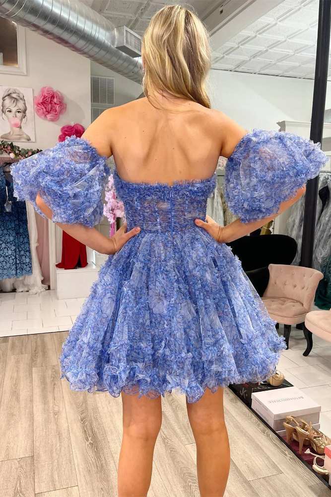 Strapless Blue Floral Print Ruffle Homecoming Dress with Detachable Sleeves