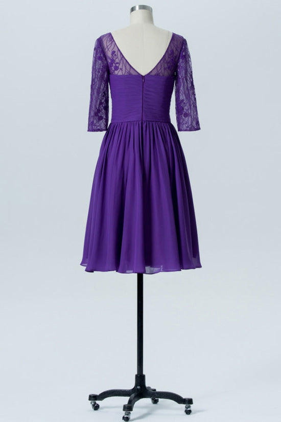 Purple Lace A-Line Short Bridesmaid Dress with Half Sleeves