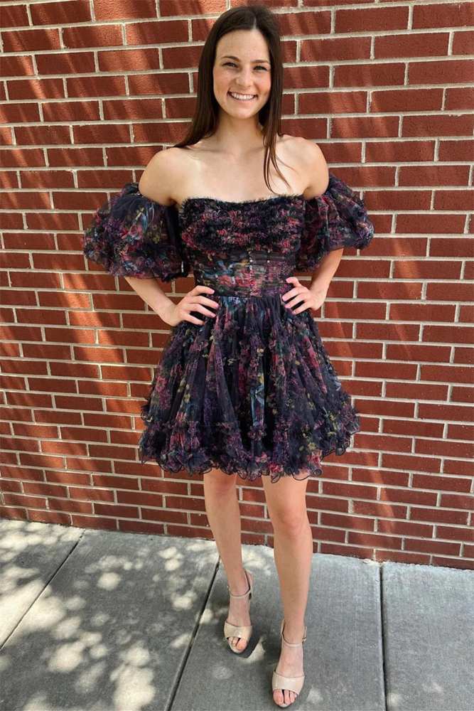 Strapless Black Floral Print Ruffle Homecoming Dress with Detachable Sleeves