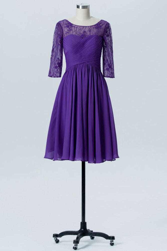 Purple Lace A-Line Short Bridesmaid Dress with Half Sleeves