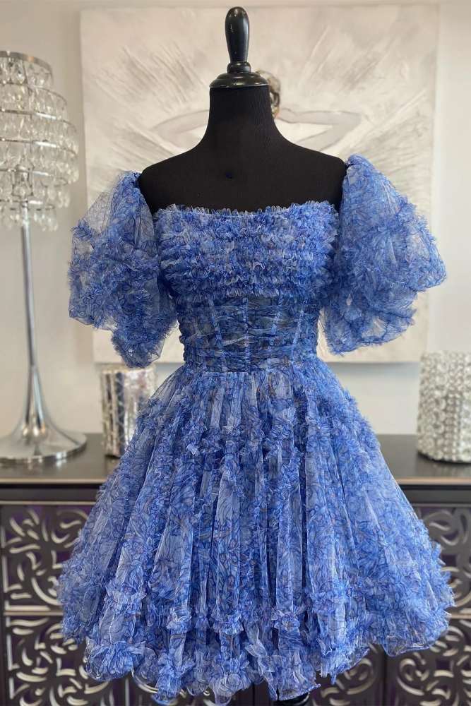 Strapless Blue Floral Print Ruffle Homecoming Dress with Detachable Sleeves