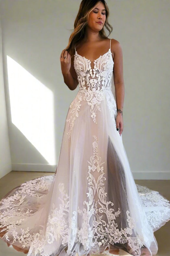 Spaghetti Straps Applique Long Wedding Dress with Slit