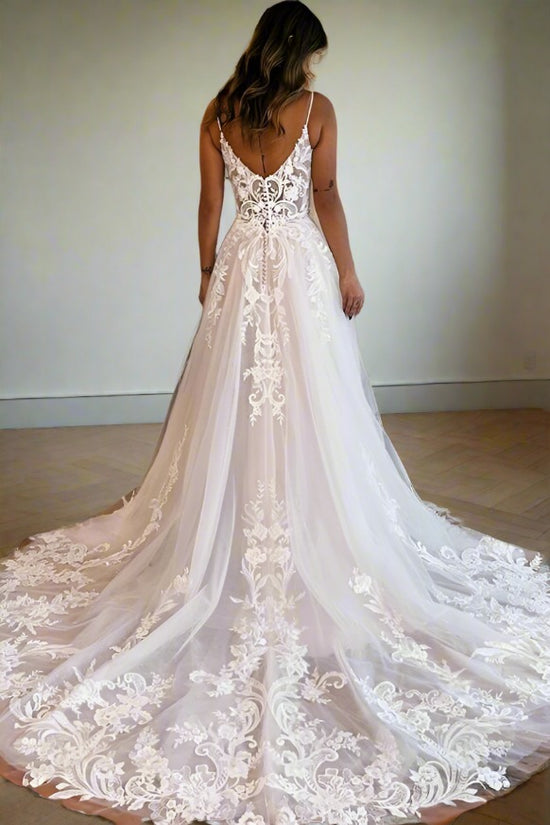 Spaghetti Straps Applique Long Wedding Dress with Slit